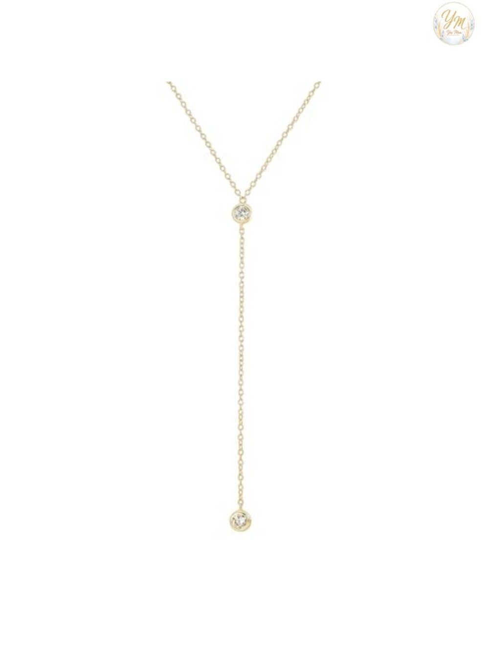 Gold Plated Y Lariat Necklace, Double CZ, Adjustable 16-19 inch